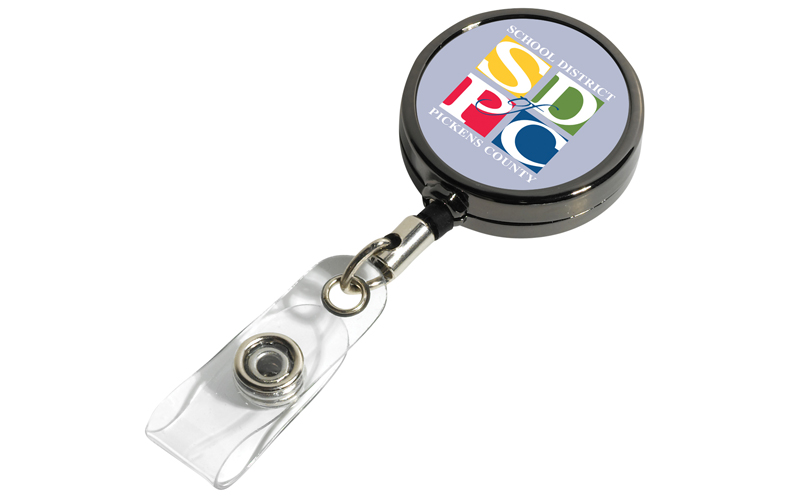 Cord Gunmetal Colored Solid Metal Retractable Badge Reel and Badge Holder with Full Color Vinyl Label Imprint Cord Gunmetal Colored Solid Metal Retractable Badge Reel and Badge Holder with Full Color Vinyl Label Imprint